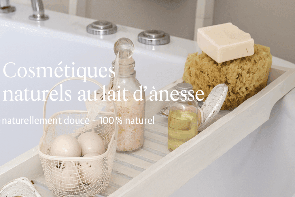 Un plateau élégant présentant des produits cosmétiques naturels, incluant des œufs, du savon et des huiles, dans une atmosphère de bien-être.